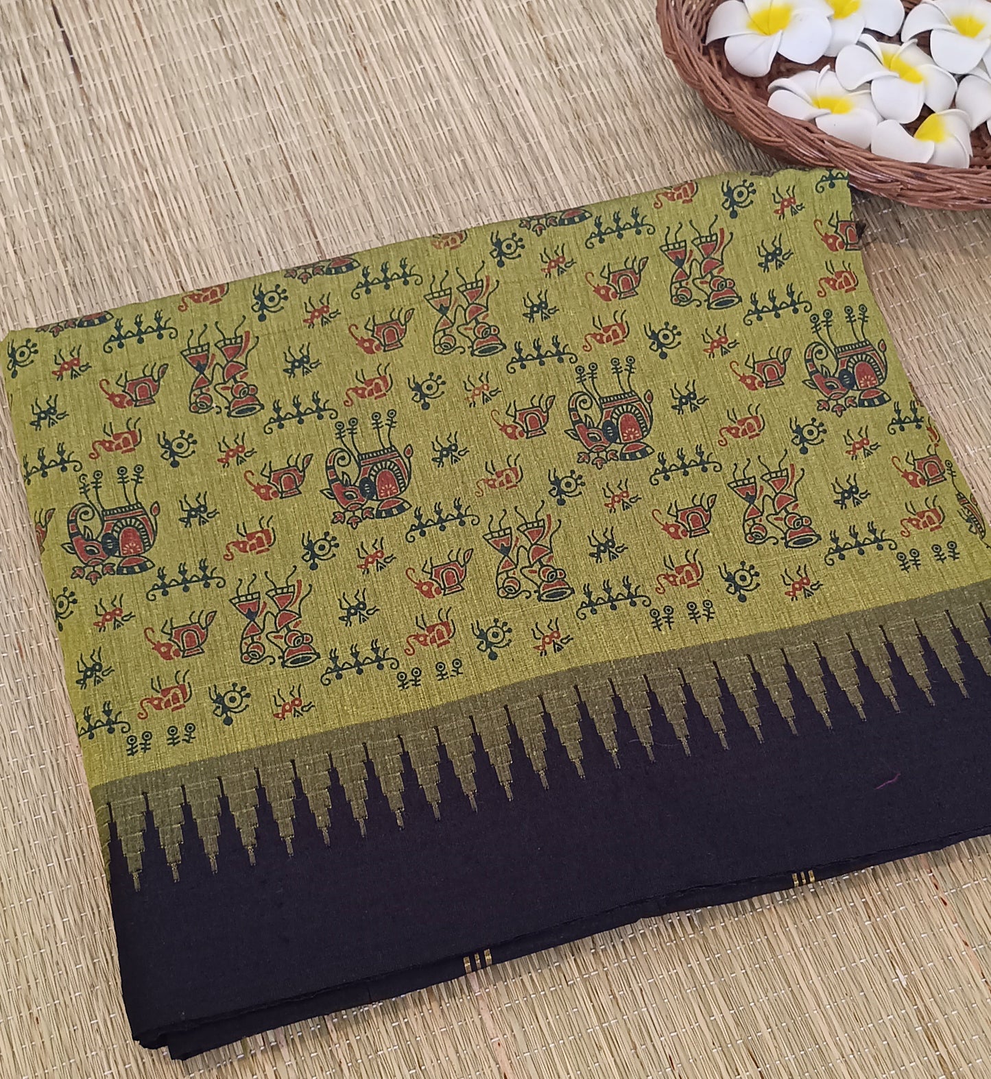 Printed Cotton silk saree with temple border