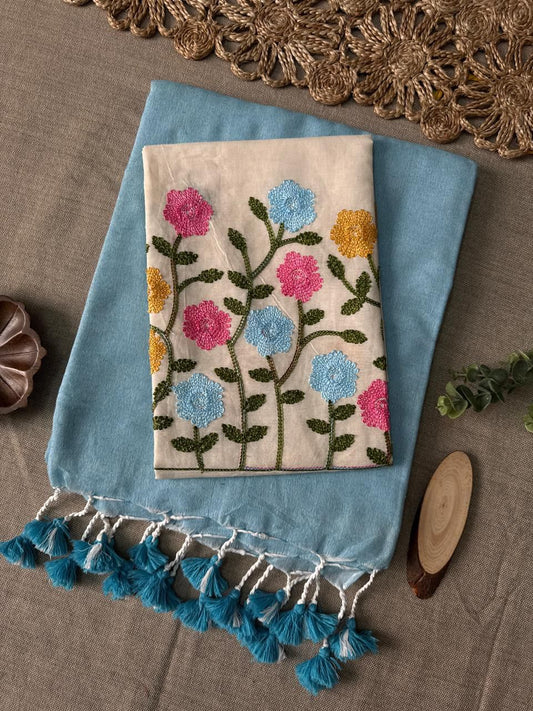 Kadhi Cotton Saree with Multi Colour Thread Embroidery blouse