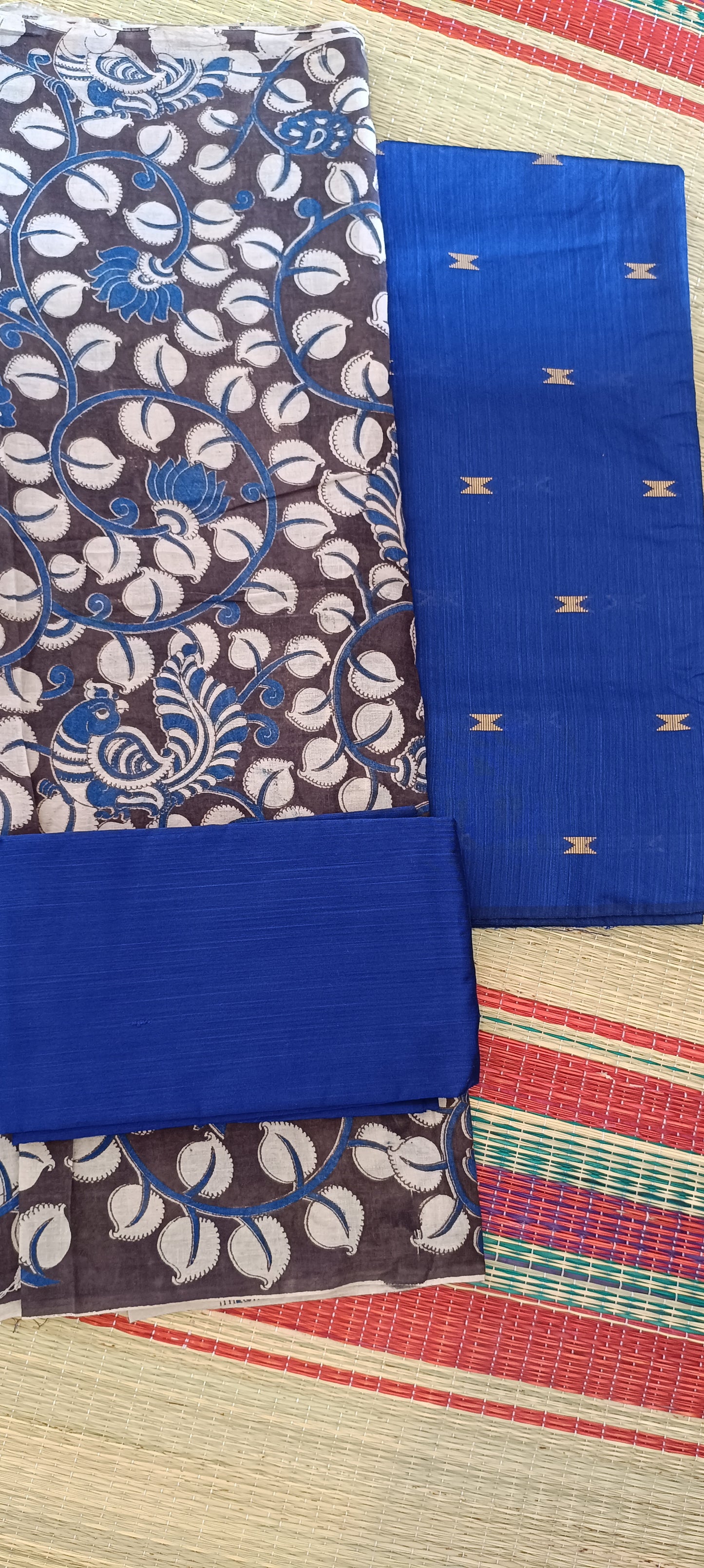 3 piece Raw silk dress material with kalamkari duppata