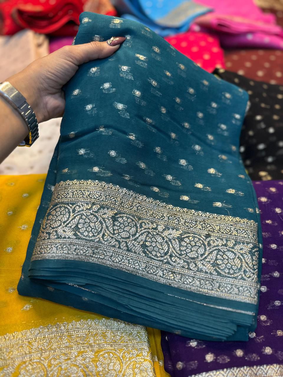 Viscose Georgette Sarees with thousand buttas