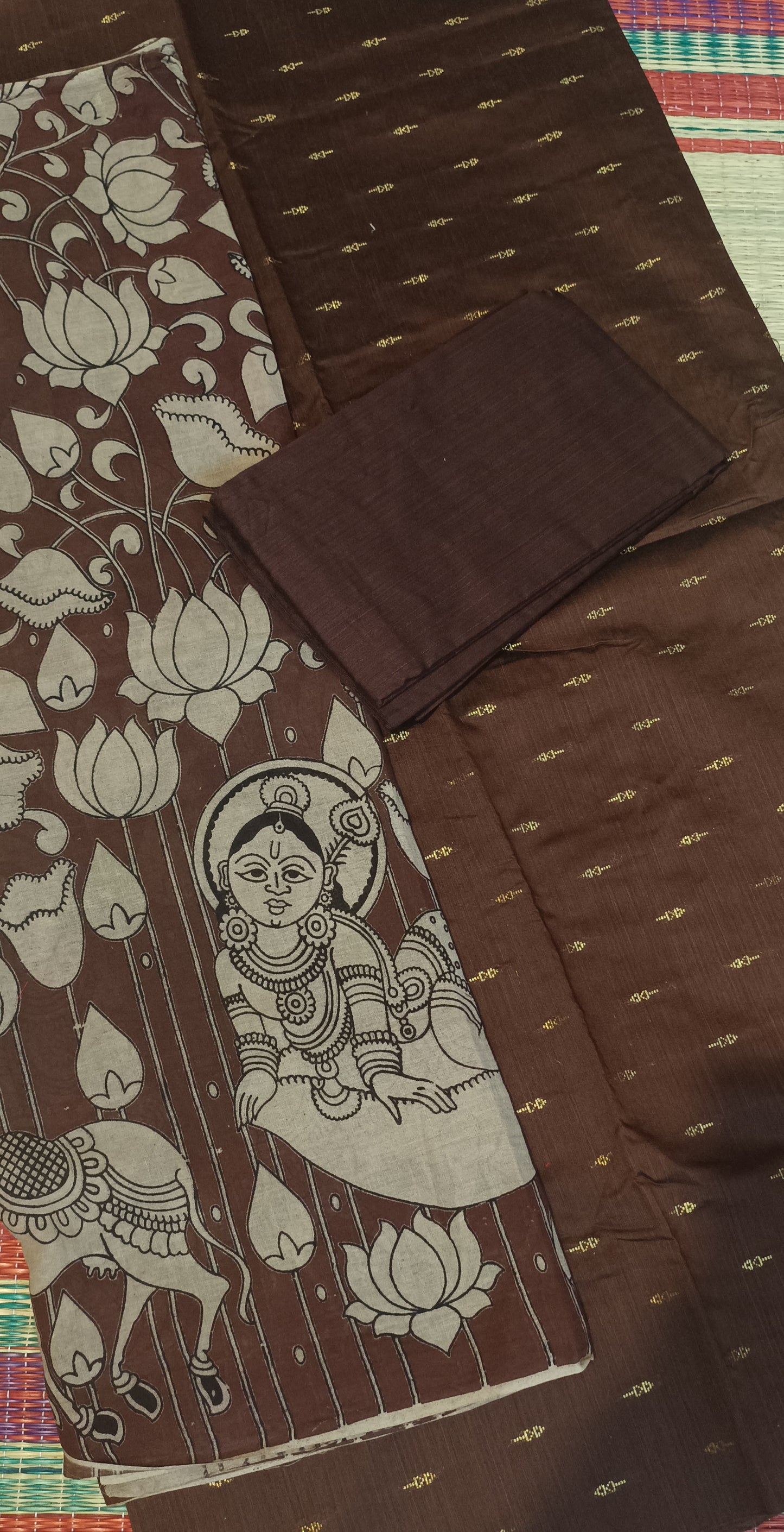 3 piece Raw silk dress material with kalamkari duppata