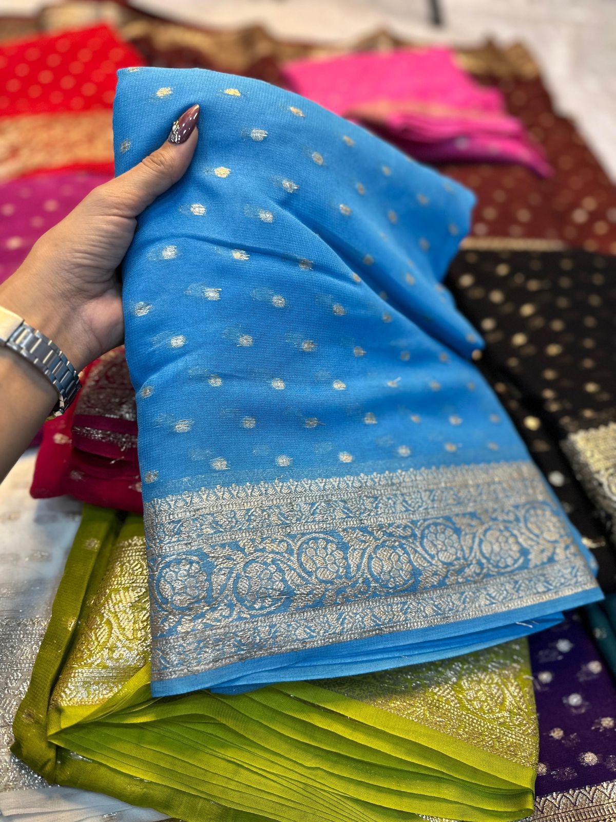 Viscose Georgette Sarees with thousand buttas