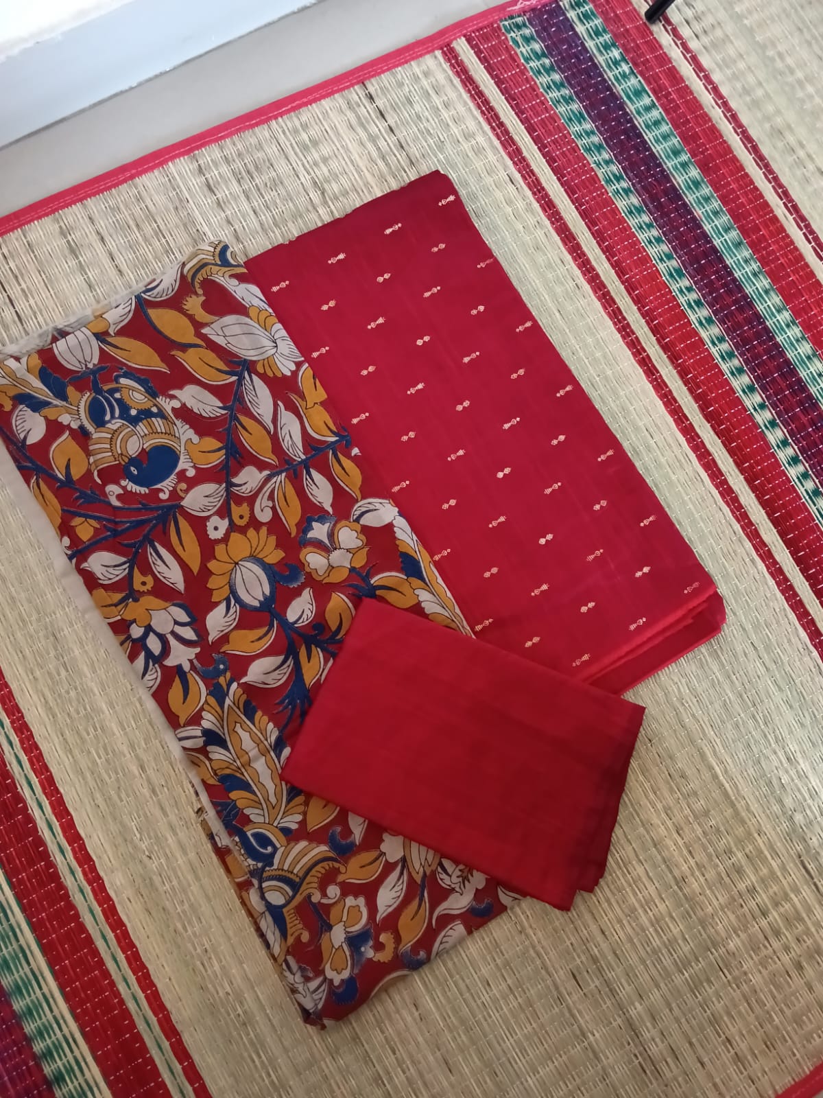 3 piece Raw silk dress material with kalamkari duppata