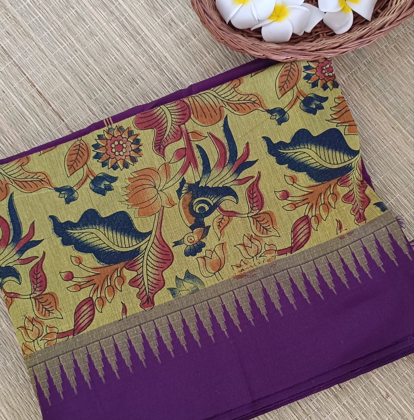 Printed Cotton silk saree with temple border