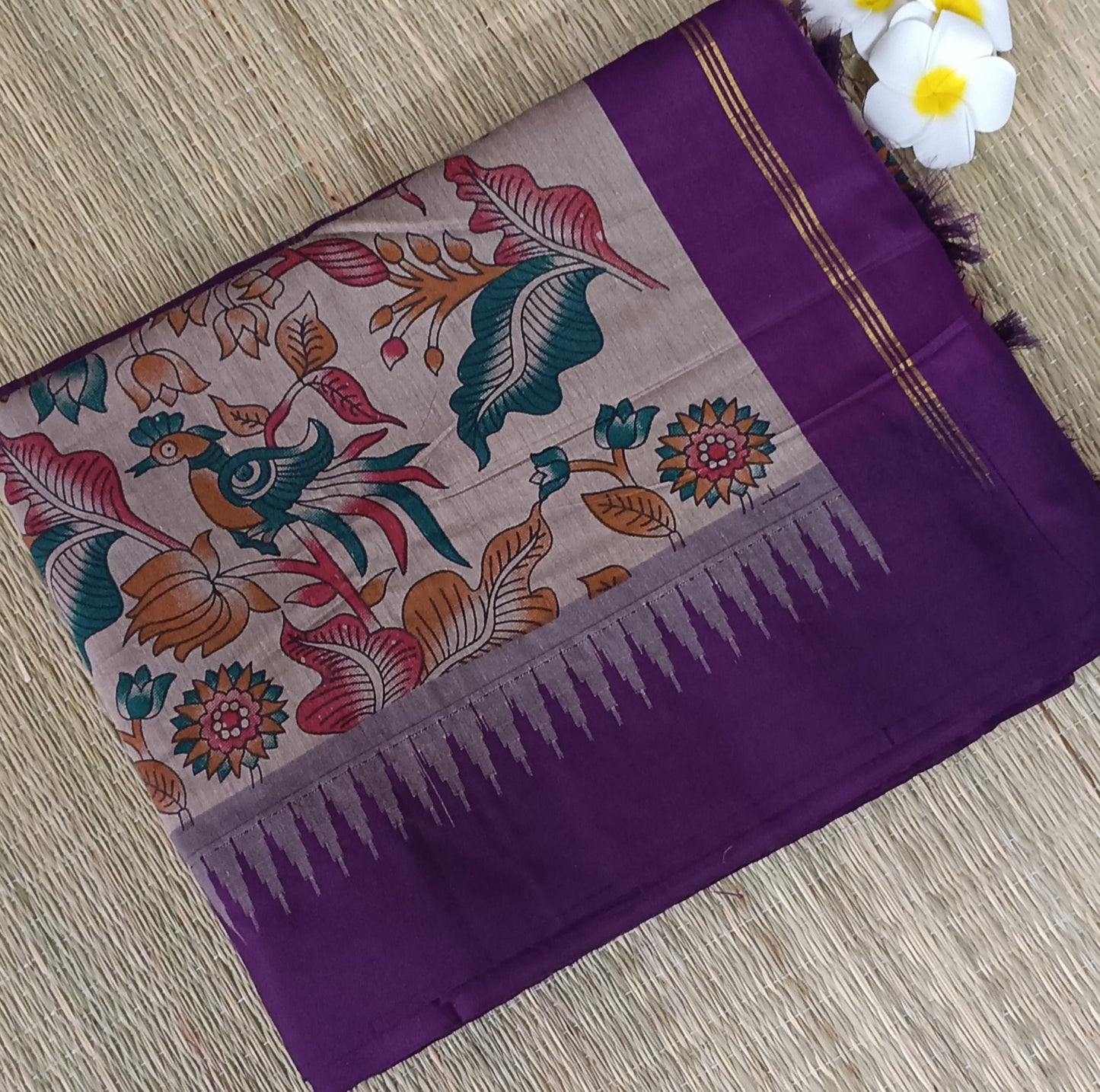 Printed Cotton silk saree with temple border