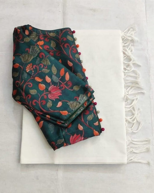 Chanderi plain saree with kalamkari blouse