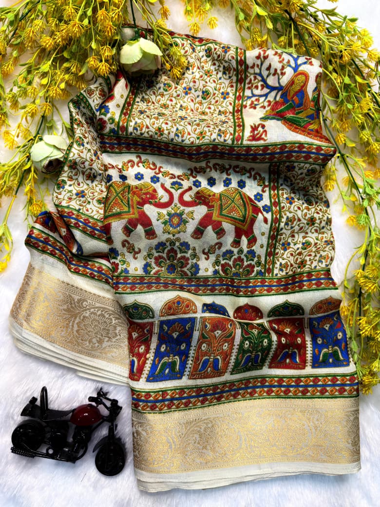 Soft marsh mellow saree with kashmir prints