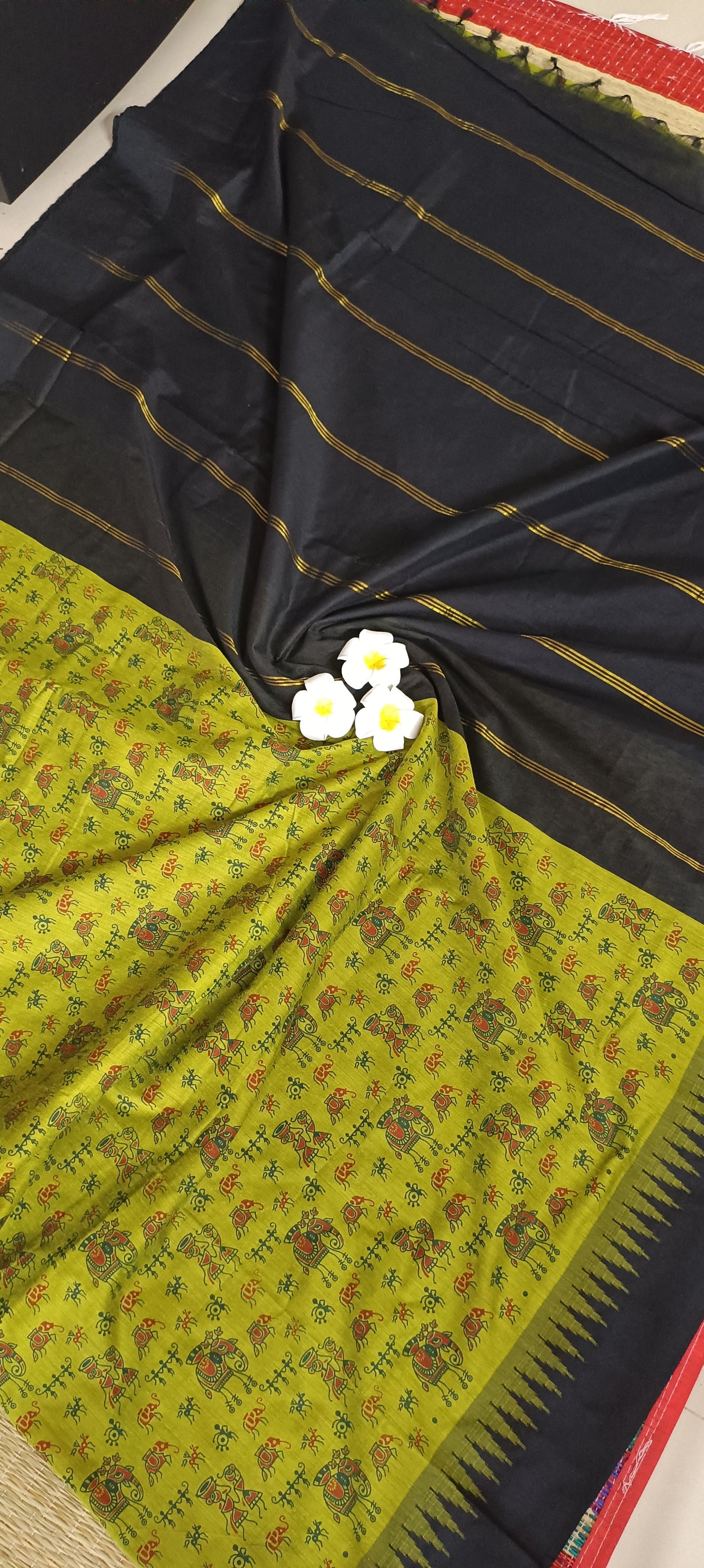 Printed Cotton silk saree with temple border