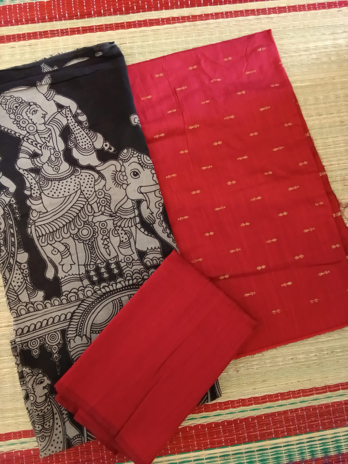 3 piece Raw silk dress material with kalamkari duppata