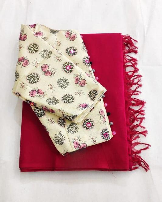 Chanderi plain saree with kalamkari blouse