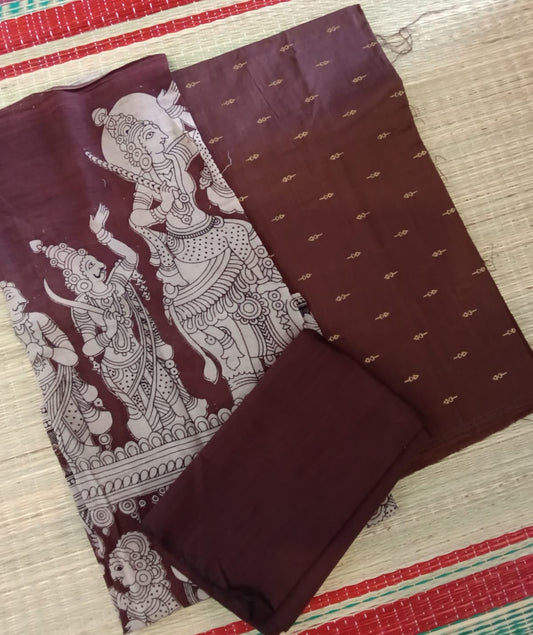 3 piece Raw silk dress material with kalamkari duppata