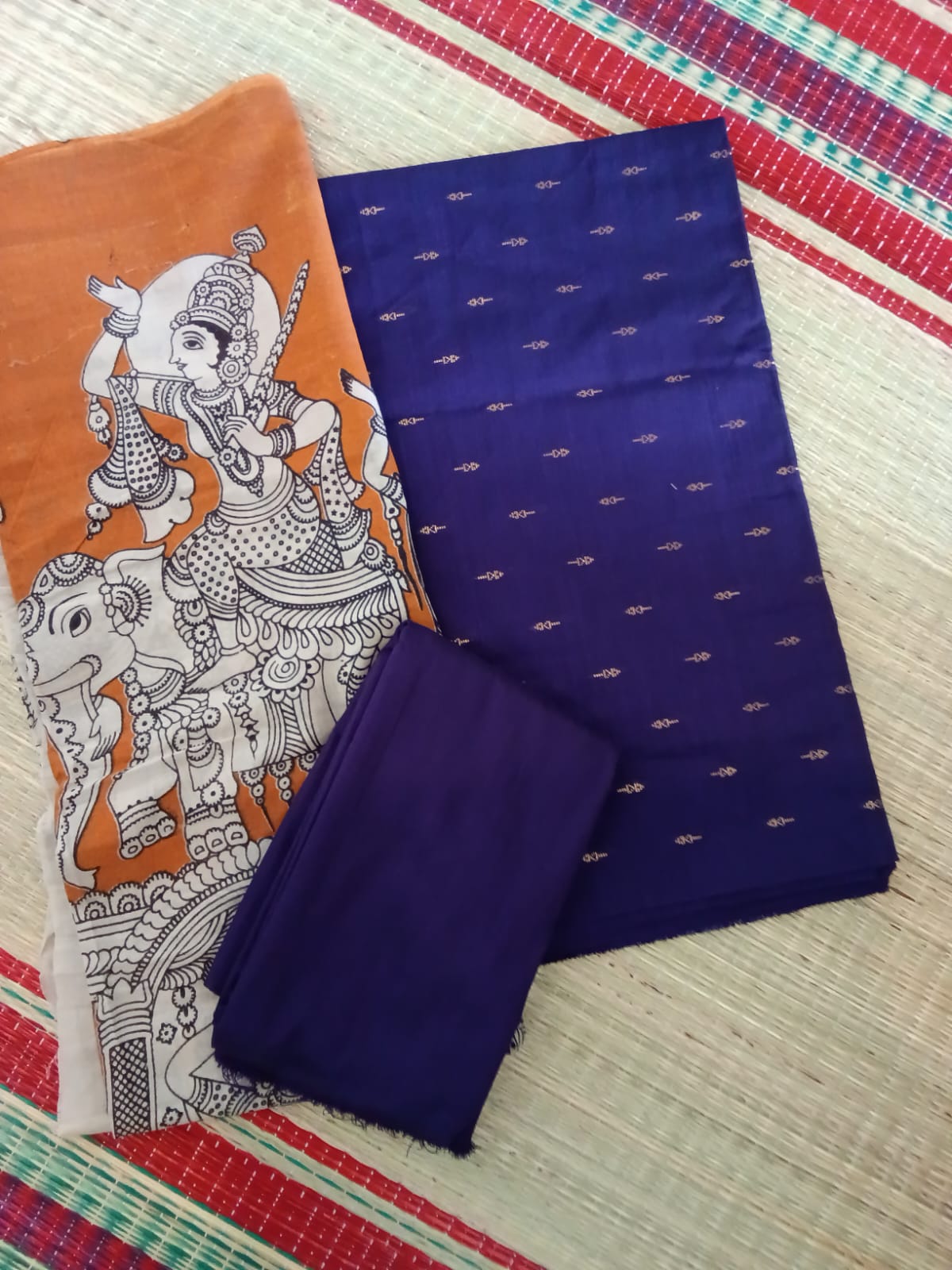 3 piece Raw silk dress material with kalamkari duppata