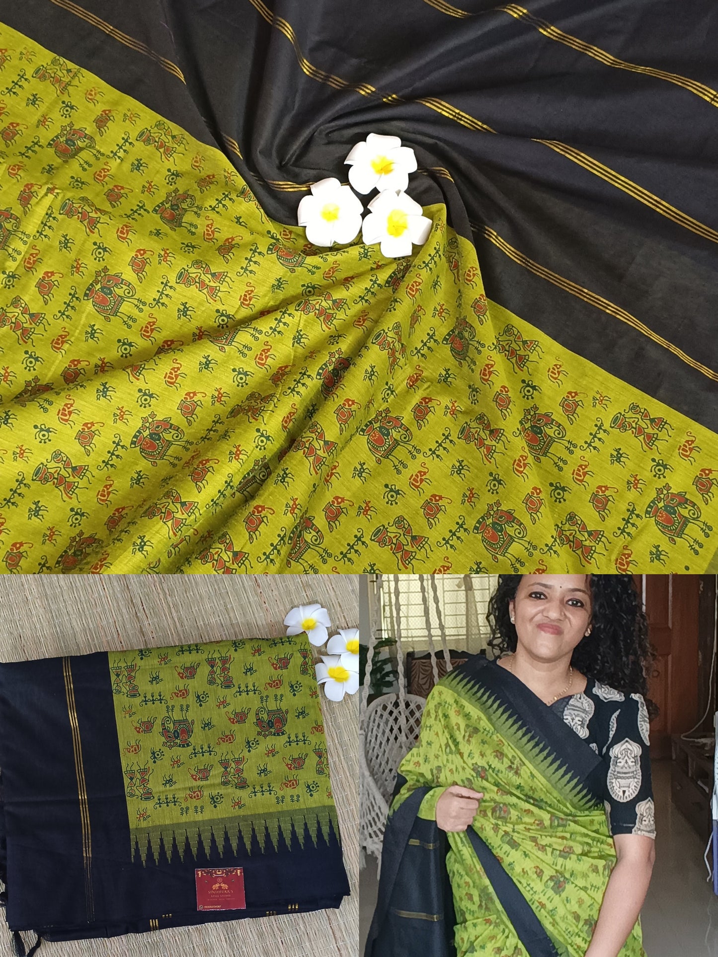 Printed Cotton silk saree with temple border