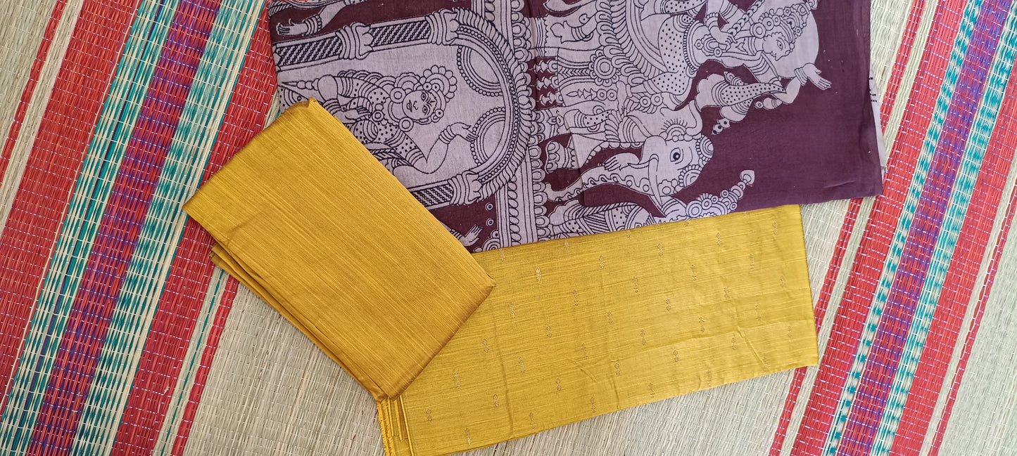 3 piece Raw silk dress material with kalamkari duppata